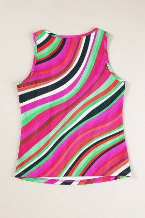 Ribbed tank top with a colorful wavy stripe pattern in pink, green, and black.