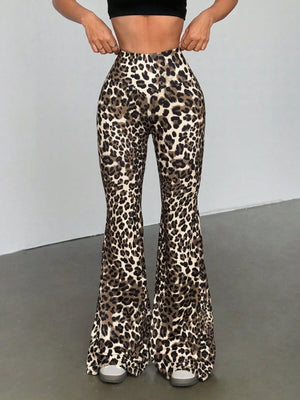Leopard print high-waist flare pants in red, featuring a comfortable fit and a casual style.