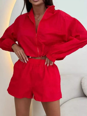 Zip Up Long Sleeve Outerwear And Shorts Set, view 12