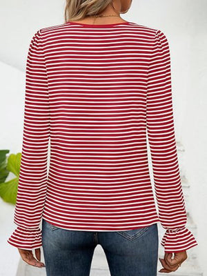 Deep Red striped blouse with ruffle cuffs and long sleeves.