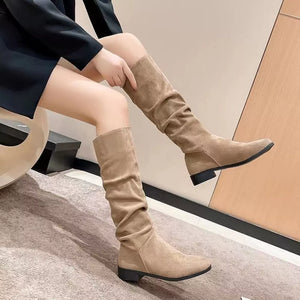 Khaki suede slouch mid-calf boots with block heel