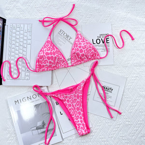 Hot Pink Leopard Print Tie-Side Bikini Set with triangle cups and adjustable ties.