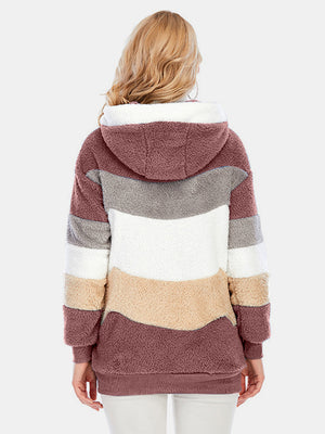 Teddy fleece hoodie with color block pattern in burgundy, grey, white, tan, and brown.