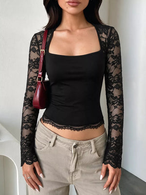 Lace Sleeve Square Neck Top in Black, close-up detail