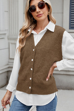 Taupe button-front knit vest with shoulder detail, acrylic, V-neck