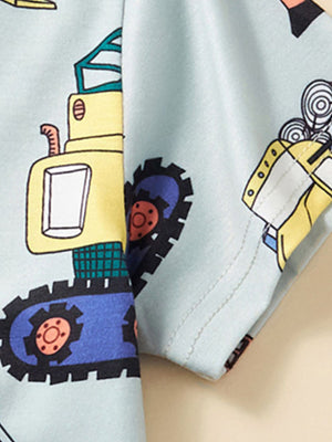 Toddler t-shirt with construction vehicle print in blue, yellow, and black.