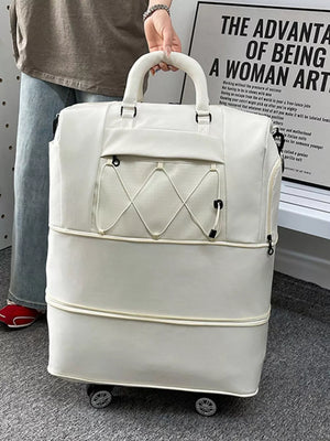 Off-white large Oxford rolling travel organizer bag with front pocket and wheels