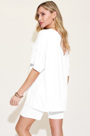 White bamboo loungewear set with relaxed fit tee and shorts.