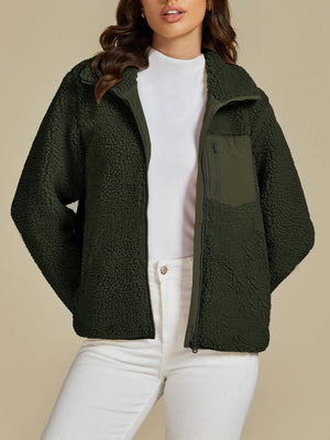Dark Green Sherpa Zip-Up Jacket with patch pocket and zip pocket detail