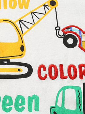 White cotton tee with colorful construction vehicle embroidery and text.