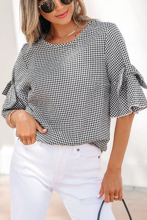 Black and white gingham shirt with ruffled bow tie sleeves