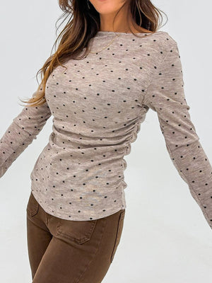 Boat neck polka dot long-sleeve tee in Khaki with ruched sides.