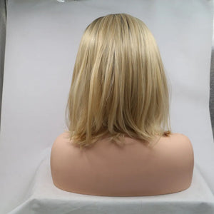 Ombre bob lace front wig in brown and khaki, shown from the back.