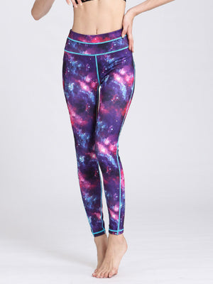 Purple cosmic print contour leggings with blue piping