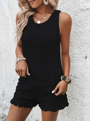 Black waffle knit tank top and fringe shorts set