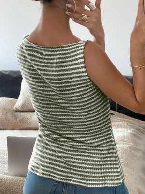 Moss green and white striped textured button-down tank top with a scoop neck.