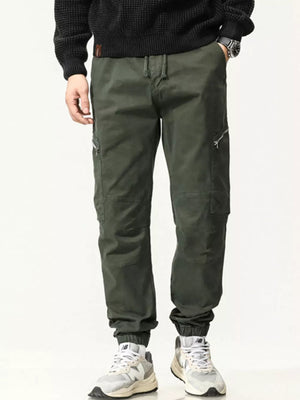 Men's Army Green Cotton Cargo Pants with Zipper Pockets and drawstring waist