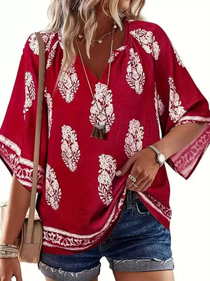 Printed Notched 3/4 Sleeve Blouse in Red, alternate angle