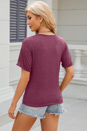 Burgundy casual t-shirt with cuffed short sleeves and a crew neck.