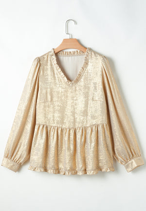 Metallic gold peplum blouse with ruffled V-neck and gathered sleeves.