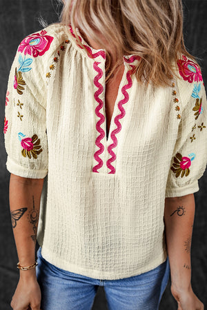 Beige embroidered sleeve voluminous blouse with pink zigzag neckline detail