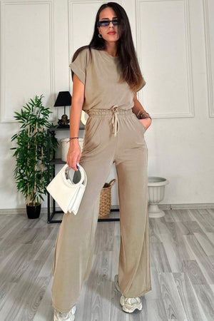 Tan relaxed fit tee and wide leg pants set with drawstring waist