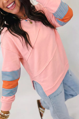 Colorblock Striped Patchwork Long Sleeve Blouse, back view