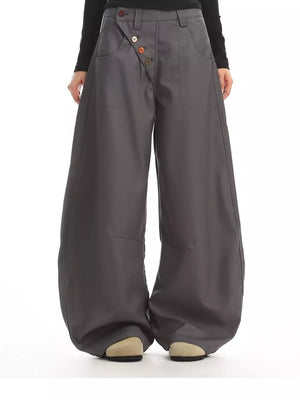 Gray relaxed fit wide-leg chinos with decorative button-fly detail