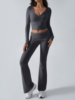 Dark Gray cross-front crop top and flare lounge pants set with a v-neckline.
