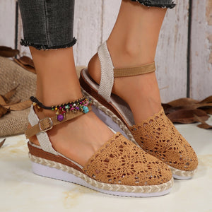 Brown crochet espadrille sandals with ankle strap and beaded anklet detail