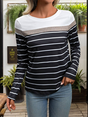 Black and white striped crewneck tee with contrast white and taupe yoke.