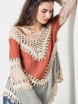Crochet-trimmed long sleeve cardigan in rust and gray with cutout details.