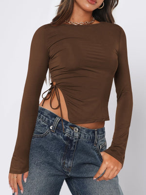 Chocolate ruched long sleeve top with adjustable side ties