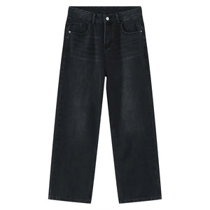 Black denim jeans with a relaxed fit and classic five-pocket styling.