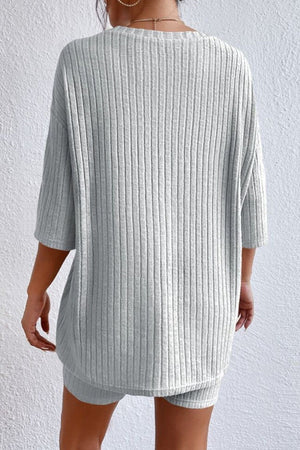 Light Gray ribbed tee and short set with relaxed fit and short sleeves.