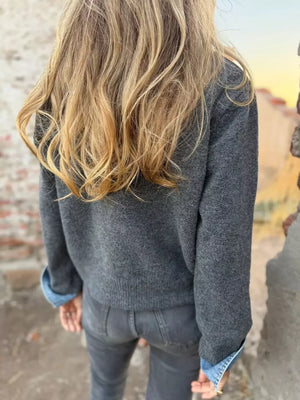 Contrast Denim Trimmed Sweater Cardigan in Grey, fabric detail
