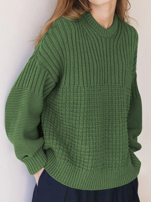 Moss green textured knit pullover sweater with round neck and ribbed details