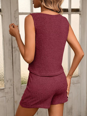 Burgundy ribbed V-neck tank and drawstring shorts set