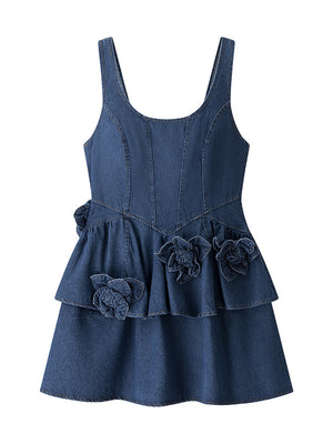 Denim mini dress with floral appliques and tiered ruffle skirt.