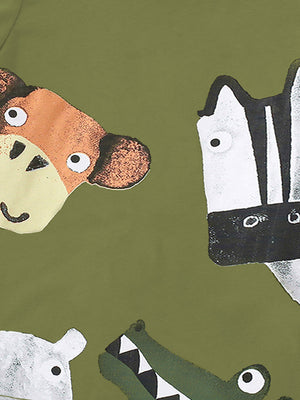 Green crew neck t-shirt with playful cartoon animal print including monkey, zebra, polar bear, and alligator.