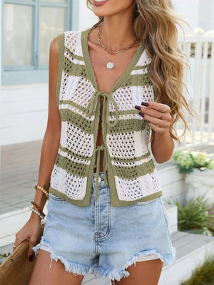 Striped openwork crochet cardigan with tie front in green and white