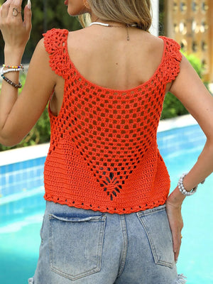 Orange crochet tank top with ruffled straps and a V-shaped open knit detail.