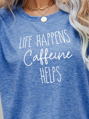 Cobalt blue slub knit tee with white "Caffeine Helps" graphic print.