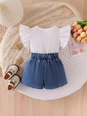 Children's Ruffled Flower Top And Denim Shorts Set in White, fabric detail