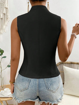 Black button-down vest with sculpted lapel and tailored fit, shown from the back.