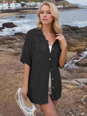 Black diamond knit collared cardigan shirt with short sleeves and button front.