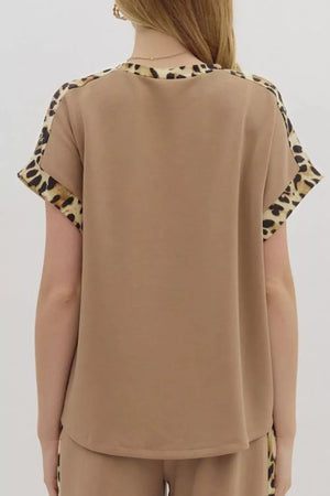 Camel relaxed fit t-shirt with leopard print trim on sleeves and neckline.
