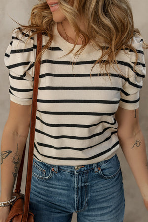 Puff sleeve breton knit top in cream with black stripes and crew neck.