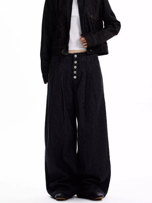 Men's black high-waisted wide leg jeans with button fly and pinstripe pattern.