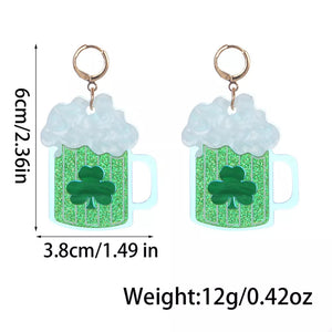 Gold dangle earrings with green beer mug and clover charm, white foam top